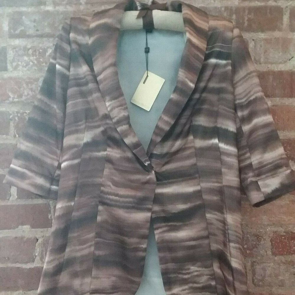 ALBERTO MAKALI Multicolor Brown & Cream 3/4 Cuff Sleeve Blazer Jacket Women S